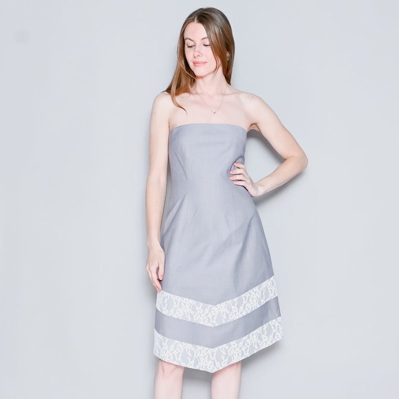 CALVIN LUO Gray Strapless Lace-Trim Dress NWT M - Picture 1 of 7